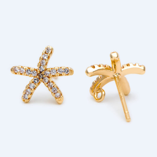 10pcs CZ Pave Starfish Ear Post with Loop, Real Gold Plated Brass Star Stud Earrings (#GB-1304)