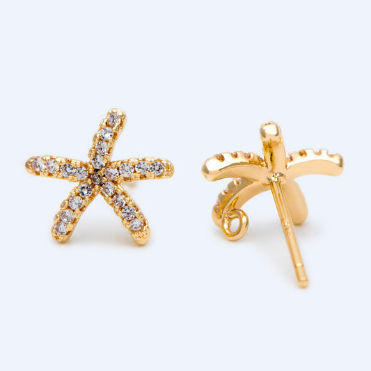 10pcs CZ Pave Starfish Ear Post with Loop, Real Gold Plated Brass Star Stud Earrings (#GB-1304)