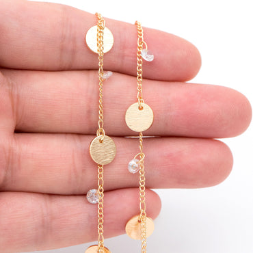 Gold Chain with Disc and CZ Charms, Curb Chain with Brushed Gold Disk, Lead Nickel Free (#LK-220-1)/ 1 Meter=3.3ft