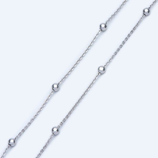 Silver tone Satellite Chains, 1.2mm Chain with 3mm Round Beads, Rhodium plated Brass Beaded Cable Chain (#LK-225-2)/ 1 Meter=3.3 ft