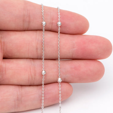 Silver tone Satellite Chains, 1.2mm Chain with 3mm Round Beads, Rhodium plated Brass Beaded Cable Chain (#LK-225-2)/ 1 Meter=3.3 ft