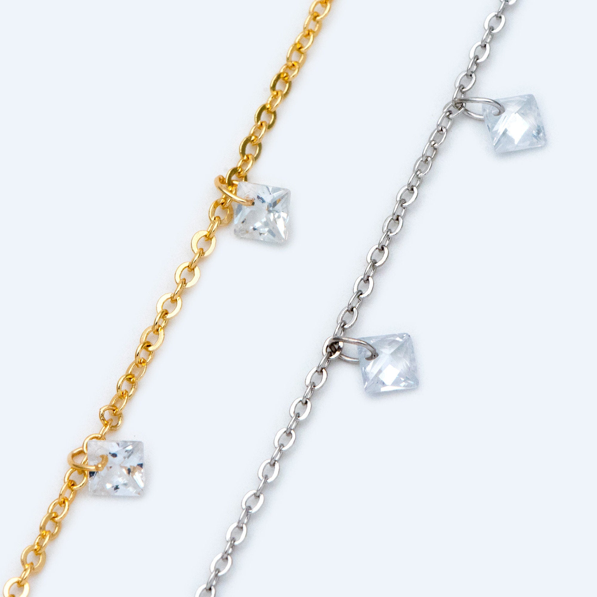 Gold/ Silver tone Beaded Chains, Gold/ Rhodium plated Brass Chain with CZ Beads 4mm (#LK-192)/ 1 Meter=3.3 ft