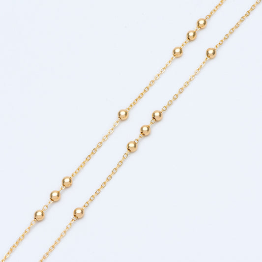 Gold plated Brass Beaded Chains, 1.6mm Chain with 3.5mm Ball Beads, Color Not Easily Tarnish (#LK-188)/ 1 Meter=3.3 ft