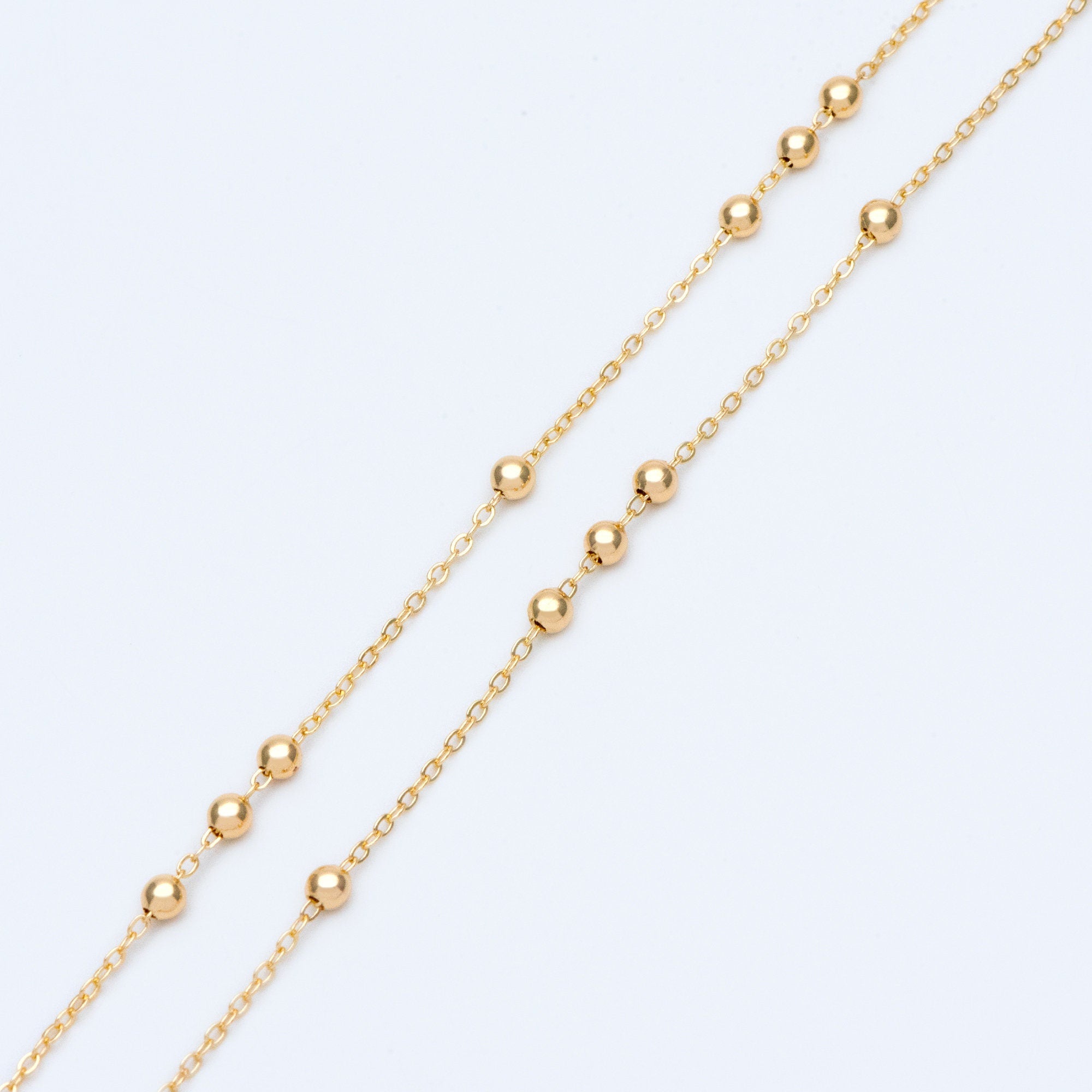 Gold plated Brass Beaded Chains, 1.6mm Chain with 3.5mm Ball Beads, Color Not Easily Tarnish (#LK-188)/ 1 Meter=3.3 ft