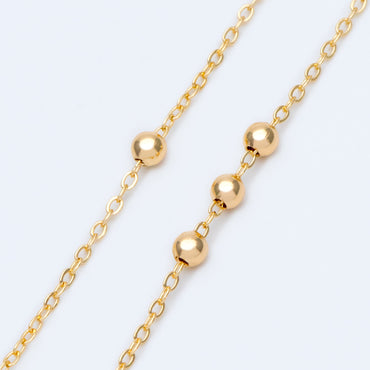 Gold plated Brass Beaded Chains, 1.6mm Chain with 3.5mm Ball Beads, Color Not Easily Tarnish (#LK-188)/ 1 Meter=3.3 ft