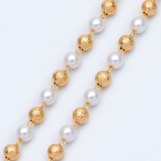 Gold Faux Pearl Beaded Chain, 18K Gold plated Brass Chain, Round Faux Pearl and Beads 4mm (LK-189) / 1 meter= 3.3ft