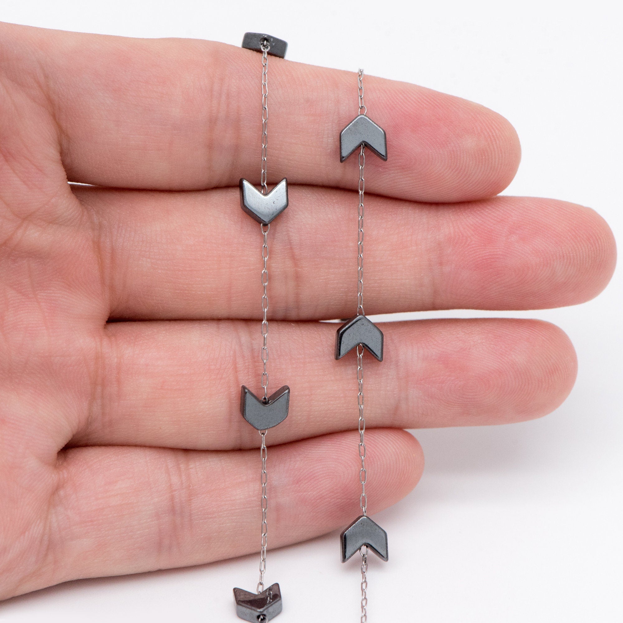 Stainless Steel Arrow Chain, Hematite Beaded Chevron Chain (#LK-380-2)/ 1 Meter=3.3 ft