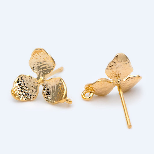 10pcs Gold plated Brass Flower Earring Post, Half Drilled Pearl Mounts , 12mm Floral Stud Earring with Loop (GB-1323)
