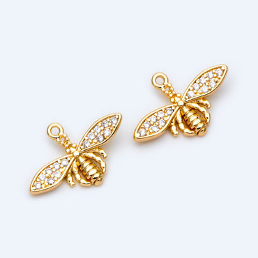 10pcs CZ Pave Bee Charm 18.5x12mm, 18K Gold Plated Brass, Bee Pendants (GB-3093-G)