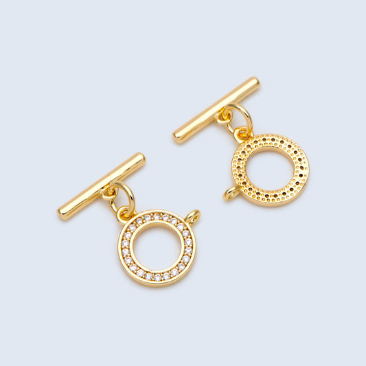4 sets CZ Pave Gold Toggle Clasp With Loop, Real Gold plated Brass, Easy Close Clasp 10mm Smooth Round (GB-3544-H)
