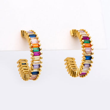 4pcs Gold Colourful CZ Pave Earring Studs, 20mm, 18K Gold Plated Brass Ear Posts (GB-1382)