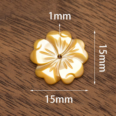 10pcs Yellow Mother of Pearl Flowers, Carved MOP Shell Flowers 15mm, Center Drilled (V1356-2)