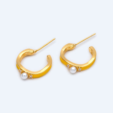 4pcs CZ Pave Yellow Enamel Ear Post 17mm, Real Gold Plated Brass Ear Stud (GB-1474-2)