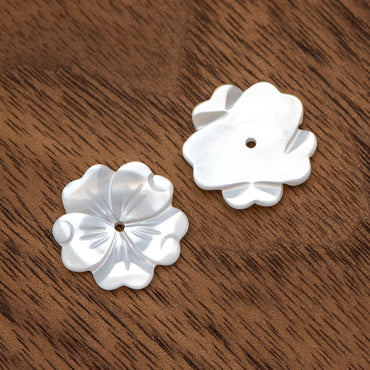 10pcs White Mother of Pearl Flowers, Carved MOP Shell Flowers 15mm, Center Drilled (V1356-1)