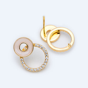 10pcs CZ Pave Enamel Circle Earring with Loop 14x20mm, 18K Gold plated Brass Ear Findings (#GB-1467)