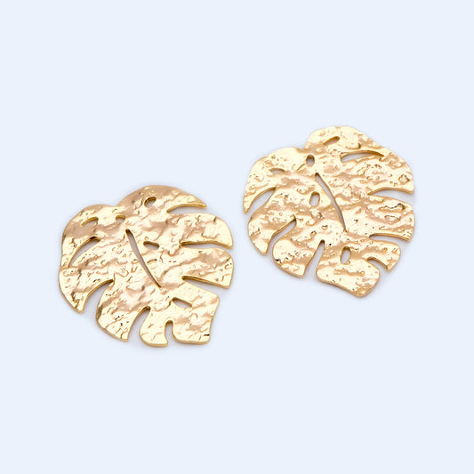 10pcs Gold plated Brass Textured Monstera Leaf Charm, 30mm, Hammered Palm Tree Leaves Pendants (GB-1422-J)