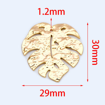 10pcs Gold plated Brass Textured Monstera Leaf Charm, 30mm, Hammered Palm Tree Leaves Pendants (GB-1422-J)