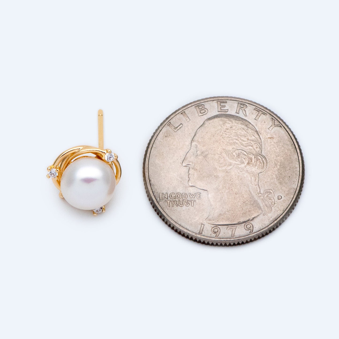 1 pair, Natural Pearl Stud Earrings, 18K Gold plated Brass Ear Posts, 8mm Freshwater Pearls, CZ pave Earring (#PL-55)