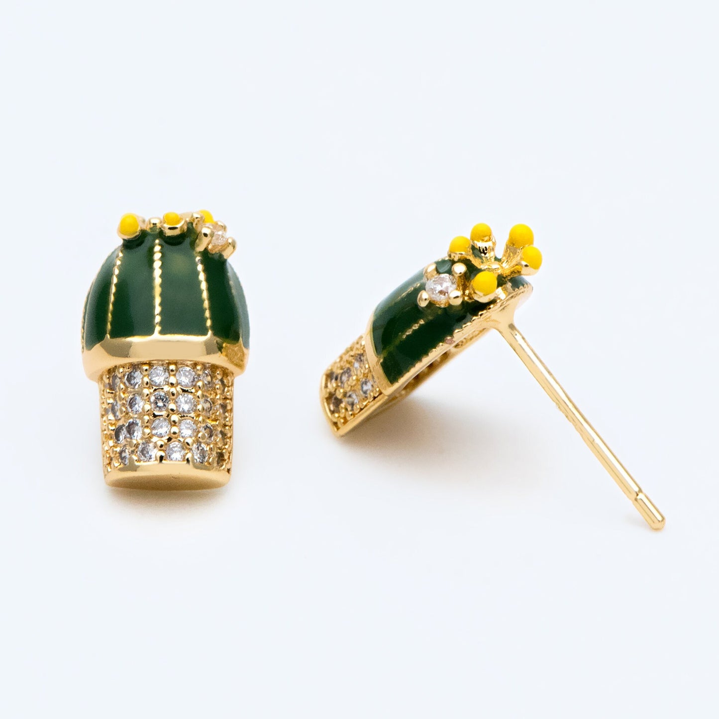 4pcs CZ Pave Enamel Cactus Stud Earrings, 18K Gold plated Brass, Cactus Ear Posts (#GB-1503)