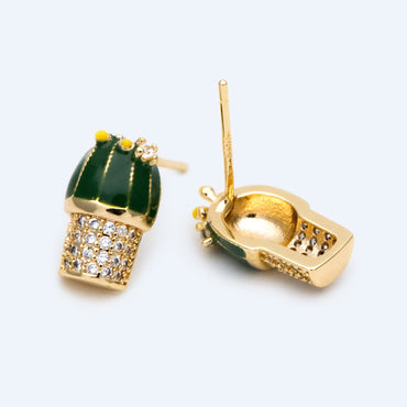 4pcs CZ Pave Enamel Cactus Stud Earrings, 18K Gold plated Brass, Cactus Ear Posts (#GB-1503)