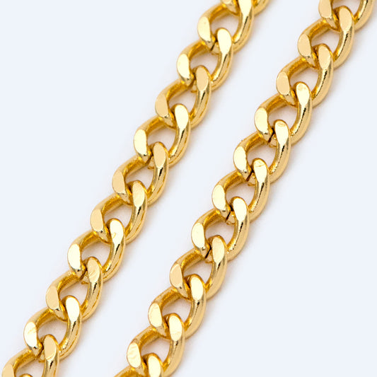 Gold/ Silver Tone Flat Curb Chain 4mm, 18K Gold/ Rhodium Plated Brass, Strong Curb Chain (#LK-429)/ 1 Meter=3.3 ft