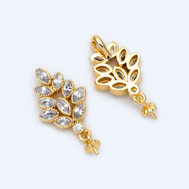 4pcs CZ Pave Gold Floral Charms, 13x24mm, DIY Pearl Peg Mounts, Half Drilled Pearl Settings (GB-1489)