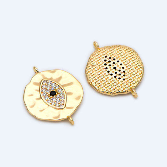4pcs CZ Pave Gold Coin Connectors 19x15mm, 18K Gold plated Brass, Round Evil Eyes Charm Pendants (GB-1491)