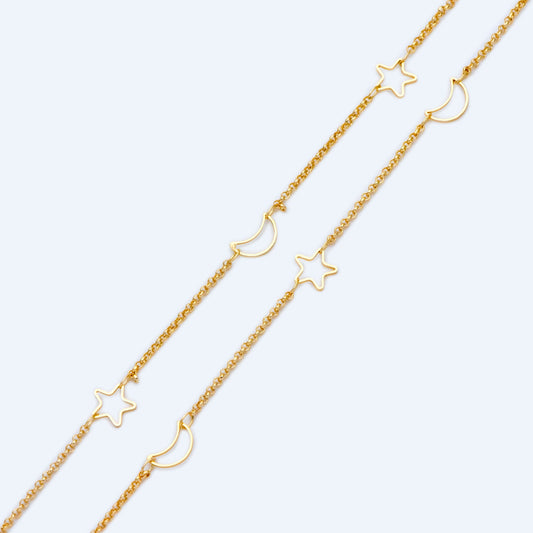 Gold Star And Moon Chain, 18K Gold plated Brass Star And Crescent Chain Wholesale (#LK-419)/ 1 Meter=3.3ft