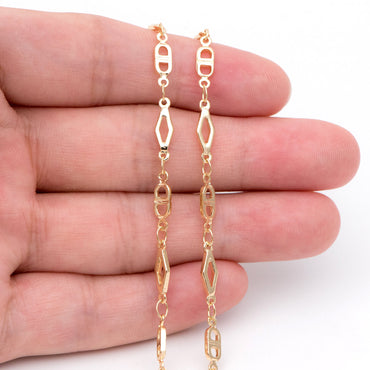 Gold plated Brass Rhombus and Mariner Link Chain, 18K Gold plated Brass Chains (#LK-398)/ 1 Meter=3.3 ft