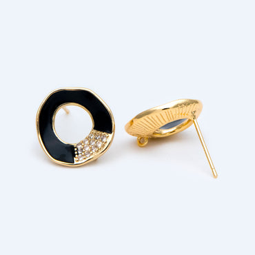10pcs CZ pave Gold Circle Ear Posts, Black Enamel Geometric Stud Earrings with Loops, DIY Earring Findings (GB-1461-2)