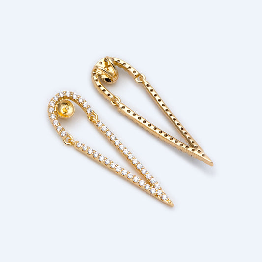 4pcs CZ Pave Gold Drop Charms, 34x10mm, DIY Pearl Peg Mounts, Half Drilled Pearl Settings (GB-1498)