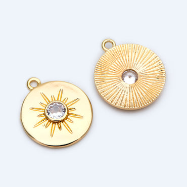 4pcs CZ Pave Sun Charms: 18K Gold Plated Brass Coin Pendants, 18x21mm (GB-1232-D)