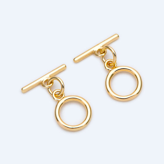 10 sets Gold Toggle Clasp, Real Gold plated Brass, Easy Close Clasp 9mm Smooth Round (#GB-1543-C)