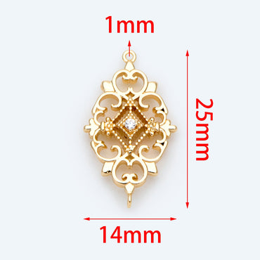 4pcs Gold plated Brass Hollow Rhombus Connector 25x14mm, CZ pave Rhombus Charm Pendant (GB-2535-F)
