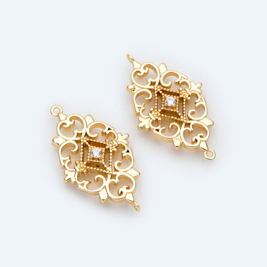 4pcs Gold plated Brass Hollow Rhombus Connector 25x14mm, CZ pave Rhombus Charm Pendant (GB-2535-F)