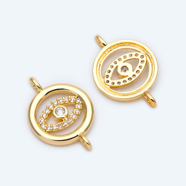 10pcs Micro Pave CZ Evil Eye Connector 23x15mm, 18K Gold plated Brass Eye Charms, Cubic Zirconia Pave Eye Pendants (GB-1999-C)