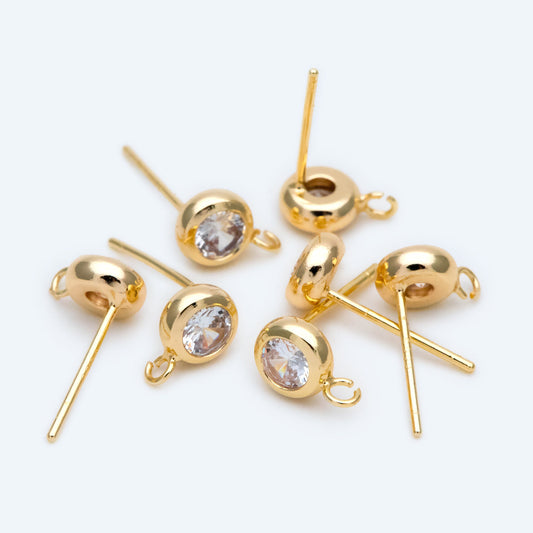 10pcs CZ Pave Gold/ Silver Tone Round Stud Earring with Loop, Gold/ Rhodium Plated Brass Stud Earrings (#GB-1622)