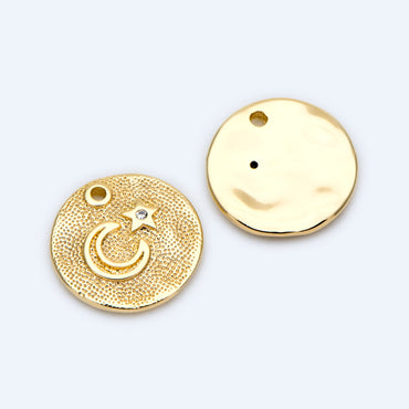4pcs CZ Pave Gold/ Silver tone Moon Star Coin Charm 13mm, Moon Star Necklace Charm, Moon Star Jewelry (GB-2433-C)