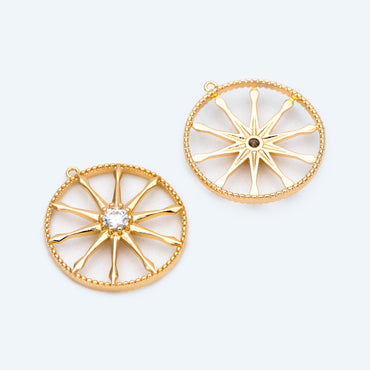 10pcs Gold / Rhodium plated Brass Round Wheel Charm 17mm, CZ pave Wheel Pendant (GB-1591)