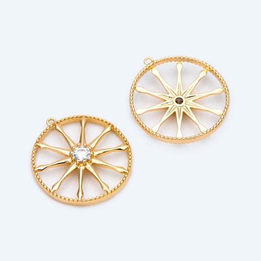 10pcs Gold / Rhodium plated Brass Round Wheel Charm 17mm, CZ pave Wheel Pendant (GB-1591)
