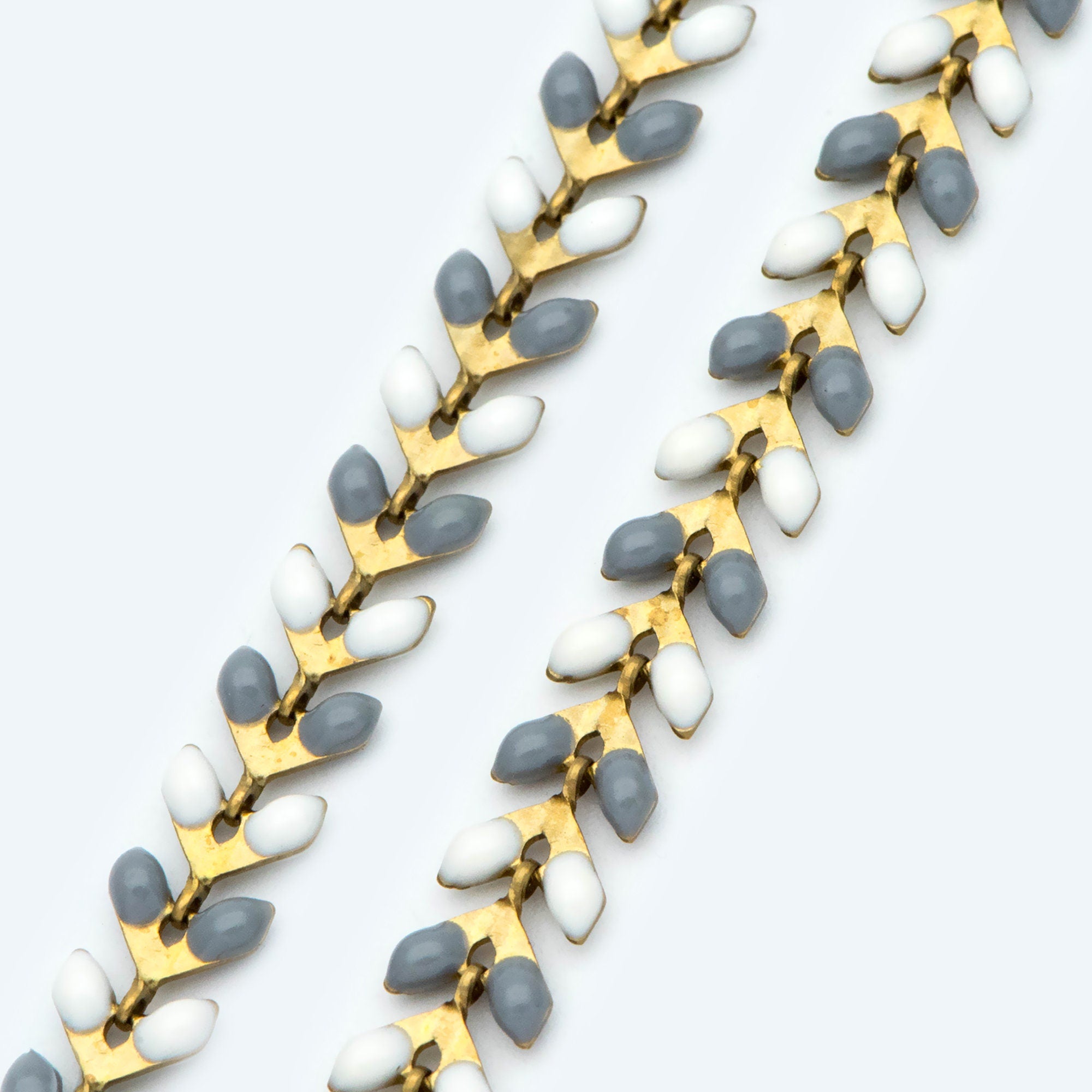 Enamel Brass Chevron Chain 6mm, Flat Herringbone Designer Chain, White Grey Mix Color (#LK-046-6)/ 1 Meter=3.3ft