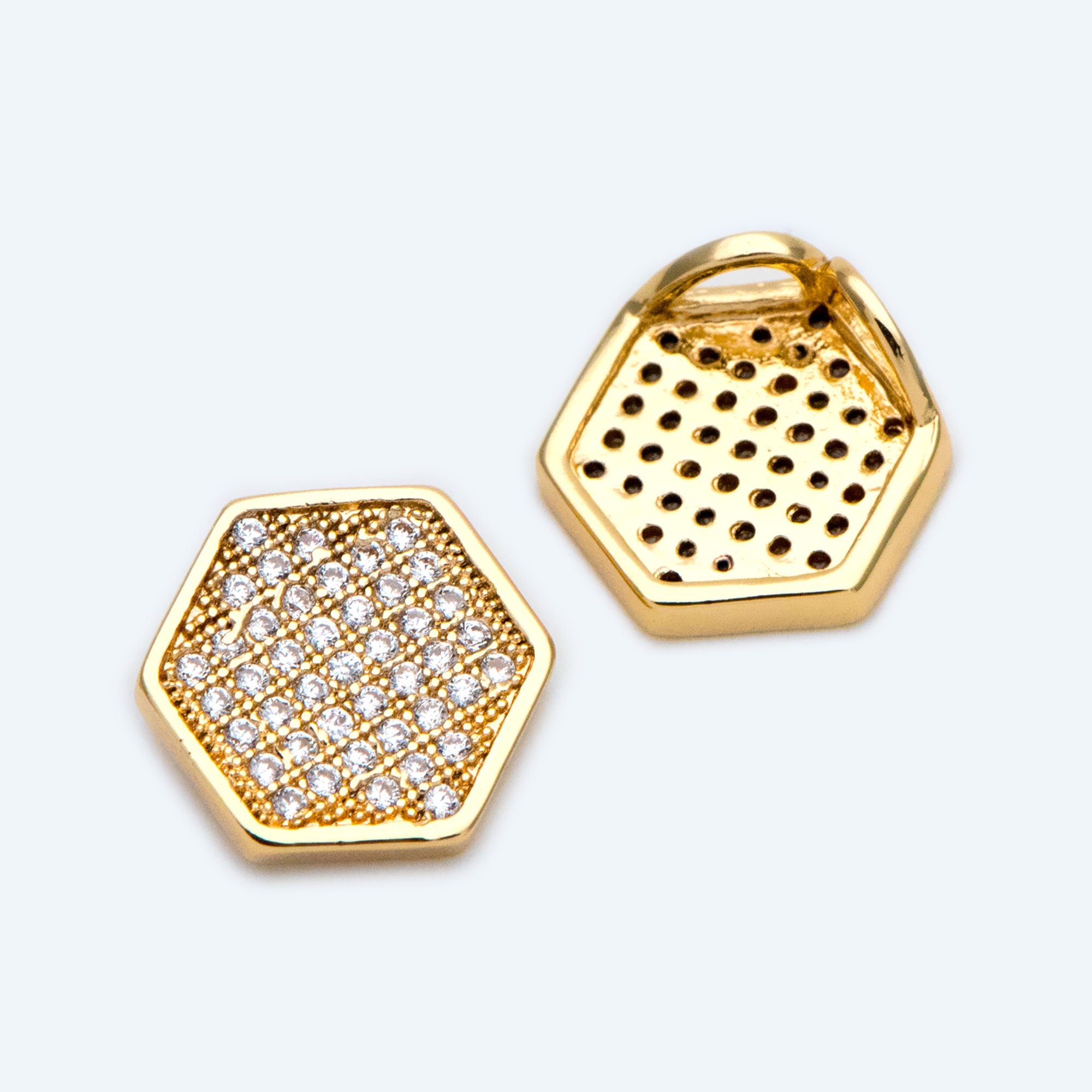 10pcs CZ Pave Hexagon Charm, 18K real Gold plated Brass Pendants (GB-1602)