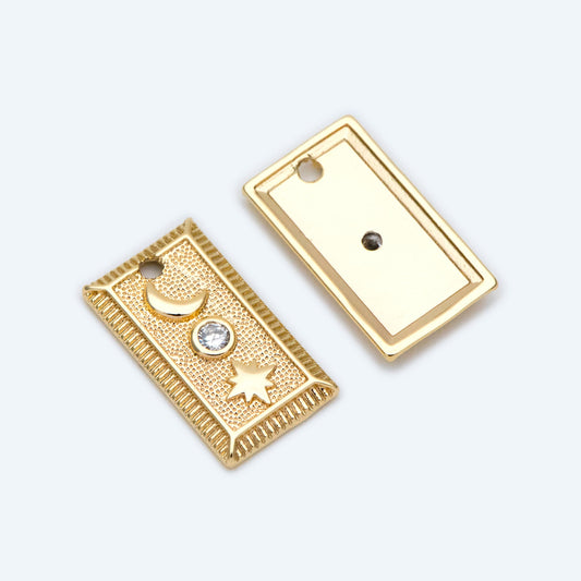 4pcs CZ Pave Gold / Silver Tone Rectangle Moon North Star Charm 18x10mm, 18K Gold plated Brass (GB-2394-B)