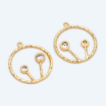 4pcs CZ pave Gold Flower Pendants 26x23mm, 18K Gold plated Brass, Rhinestone Round Loop Circle Charms (GB-913-C)