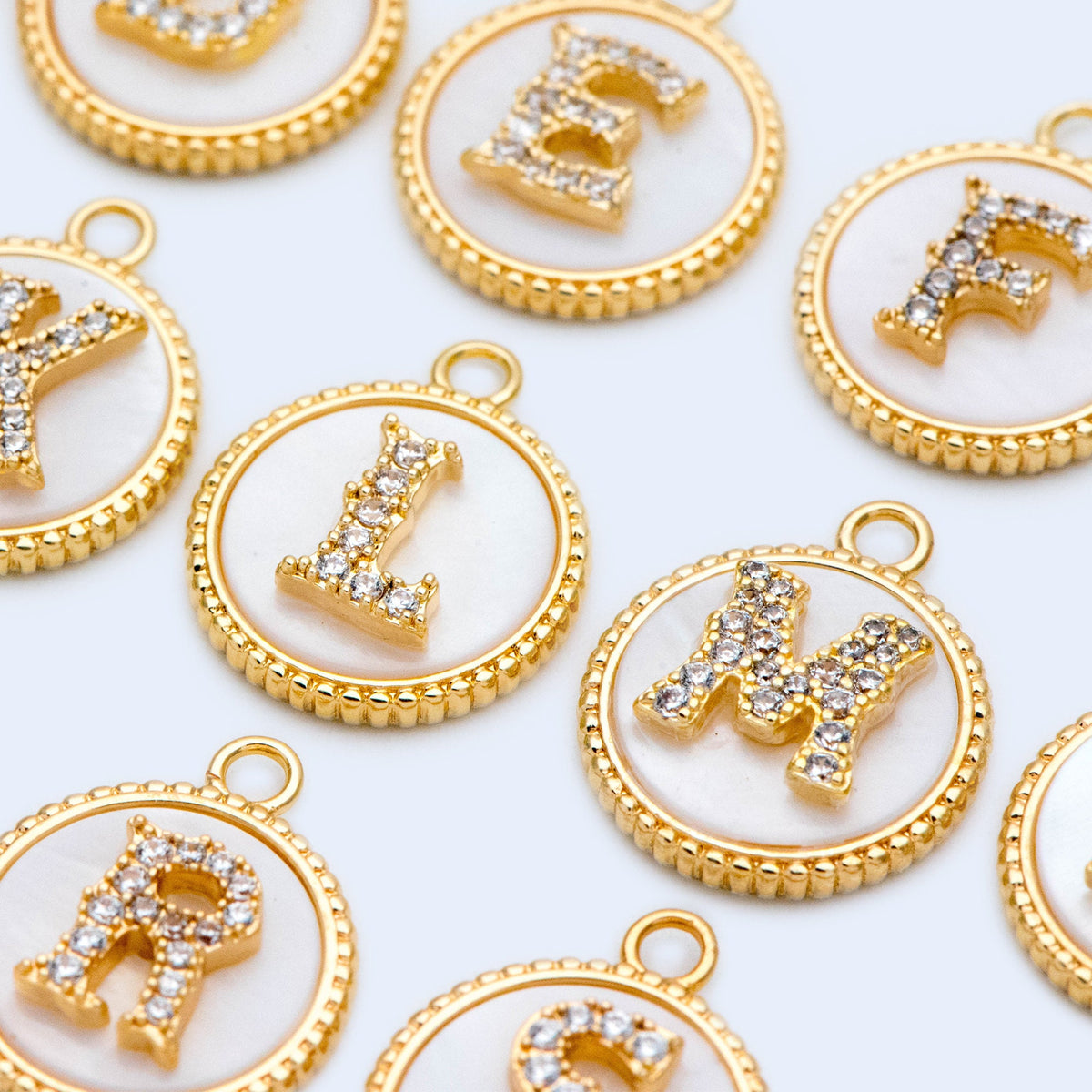Gold Alphabet Charms, CZ Pave English Letter, Shell Disc Coin Initial Pendants, You Choose Letter (GB-1635)