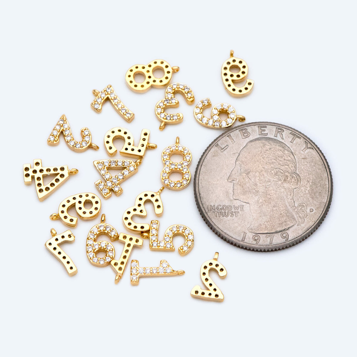 Gold Number Charms, CZ Pave Number Charms, Mini Tiny Charms 9-10mm Tall, Anniversary Birthday Number Beads (GB-1652)