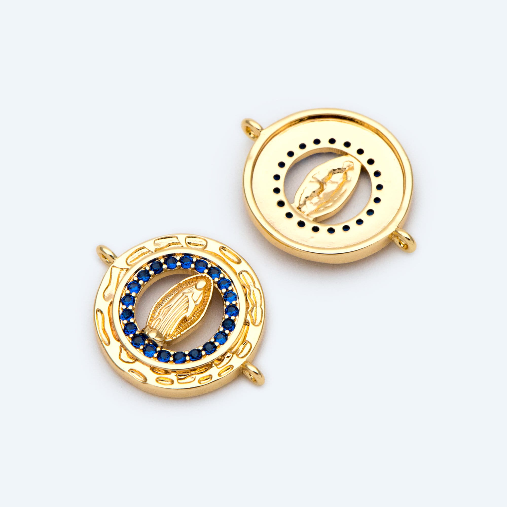 4pcs CZ pave Gold Hollow Virgin Mother Mary Connectors, Catholic Baptism Lady Guadalupe Charm, Medallion Religious Jewelry Craft (GB-4395-B)