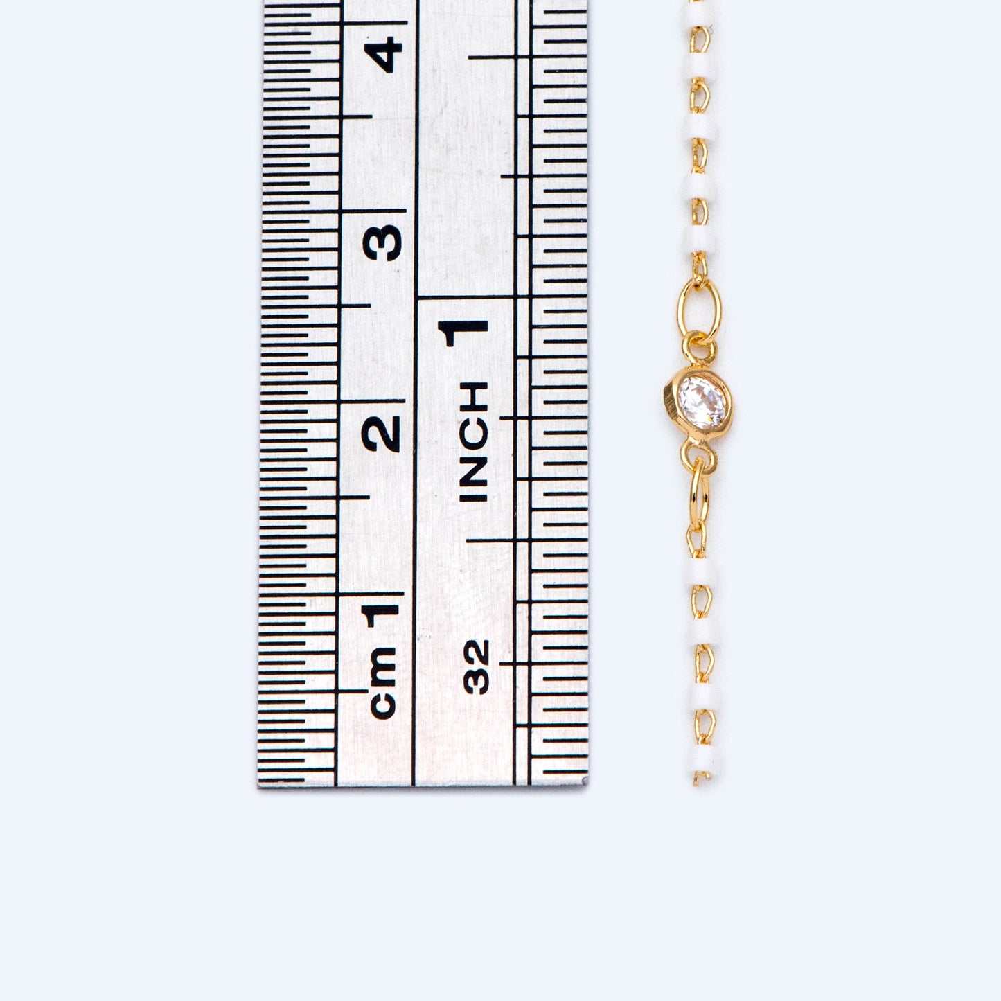 Miyuki Seed Bead Chain, Dainty Gold Beaded Chains, 4mm Round Coin CZ Links, White (#LK-437-2)/ 1 Meter=3.3 ft