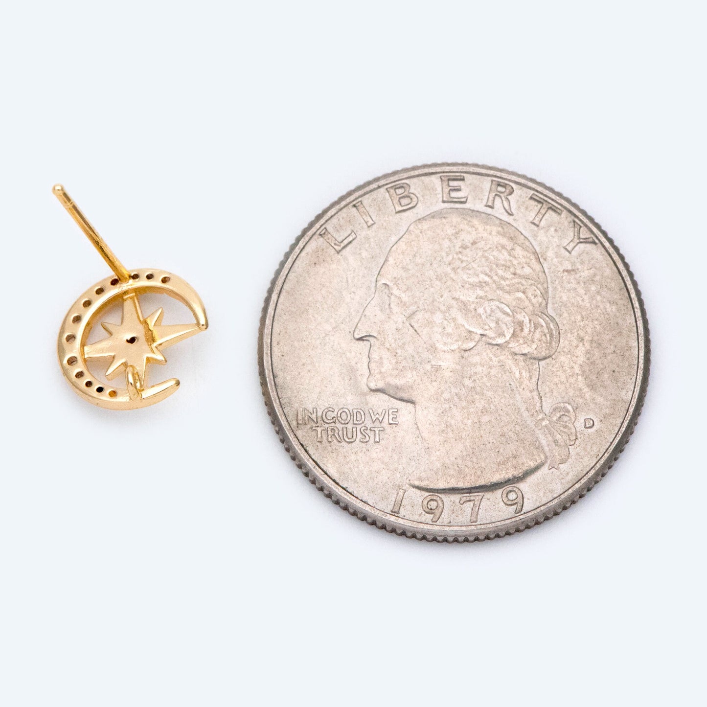 10pcs CZ Pave Moon and North Star Earring with Loop, 10mm, Real Gold Plated Brass Stud Earrings (#GB-1694)