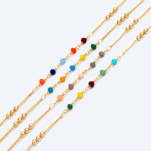 Glass Rondelle Bead Chain 3.5mm, 18K Gold plated on Brass Beaded Chains, Mix Color Rainbow Crystal Chain (#LK-442)/ 1 Meter=3.3ft